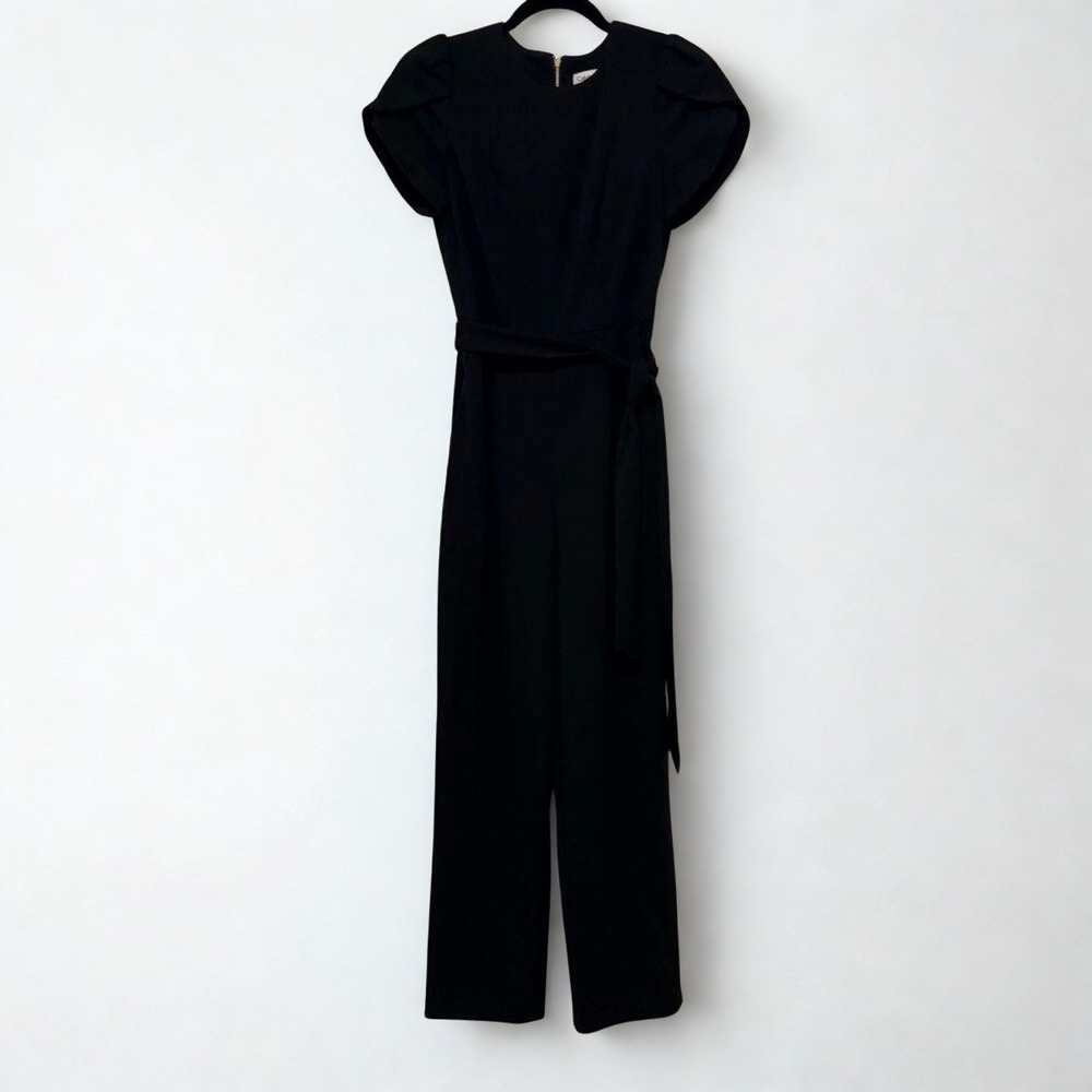 Calvin Klein Women's Black Tulip-Sleeve Tie-Waist Jumpsuit